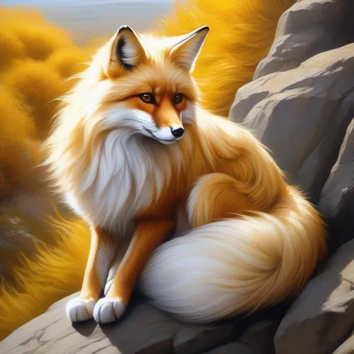 Prompt: hyperrealistic, best quality, professional oil painting, anime, masterpiece, nine-tailed female fox sitting on a cliffside, golden fur, head cautiously bent forward, thick silky white-gold mane, nine tails, kitsune, shy, timid, cautious, perfect composition, highly detailed, (sharp expressive detailed eyes:3), UHD, HDR, unreal engine, high octane render, 8k, intricate detail, 8k eyes, yuino Chiri, golden ratio, high octane, cinematic, intricately detailed mouth, highly detailed paws