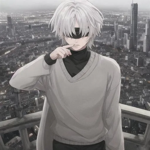 A white haired young anime boy, blindfolded, grey ci