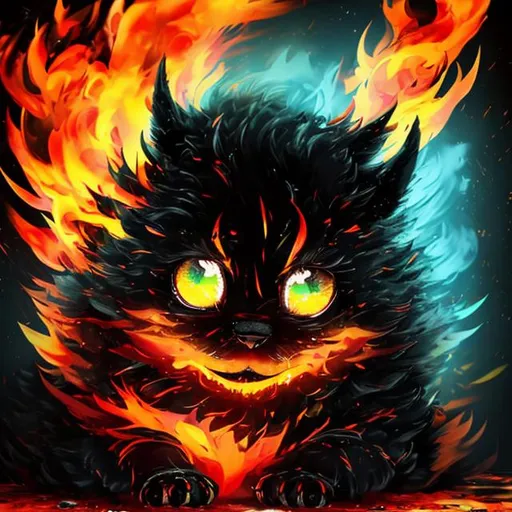 Prompt: Fluffy cute ball that is a inferno, jet black fur, solid glowing yellow eyes, made of yellow orange and red flames, splashes of flames everywhere, masterpiece, best quality, ((In Splatter Art style))
