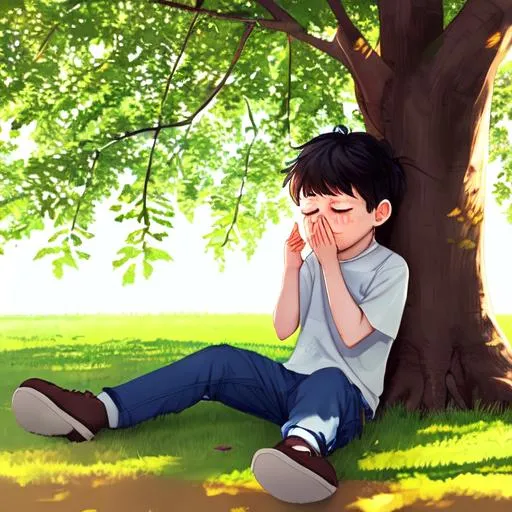 Prompt: A cute boy crying under the tree in sunny day at afternoon. 