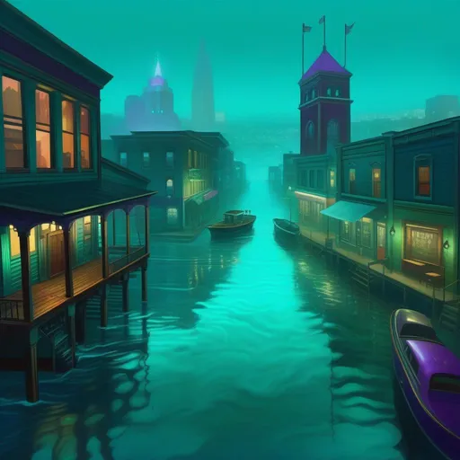 Prompt: Aerial view of Stilwater, Saints Row 2, rain, fog, dark teal atmosphere, cartoony style, extremely detailed painting by Greg Rutkowski and by Henry Justice Ford and by Steve Henderson