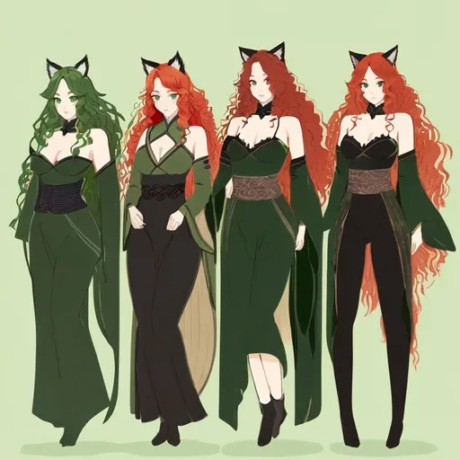 Prompt: Japanese Ink Drawing, Celtic woman's face with cat ears and tail, long red curly hair, detailed green eyes, detailed skin texture, full body view, diffused lighting, delicate, artistic, beautiful, 