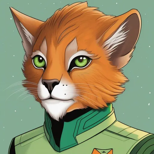 Prompt:  A 33 years old alien of a star trek manul race. Vaguely humanoid. He has shot orange fur and a white skin. He wears a scifi uniform and has green lizard eyes. Detailed, well draw face, Smooth skin. rpg art. Star trek art. 2d art. 2d, color drawing