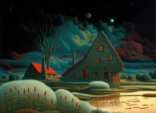 Prompt: dark red and teal and golden landscape with a stone farmhouse surrounded by remarkable old trees, cattails and grass at the sandy seashore, magical space nebulae, dramatic clouds, beautiful, high definition, acrylic art, intricate details, Jacek Yerka, Salvador Dali