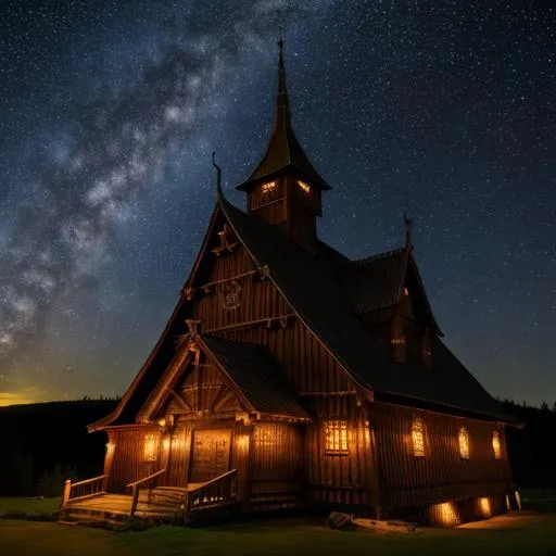 Prompt: Medieval wooden Stave Church in the night, beautiful milky way, stars