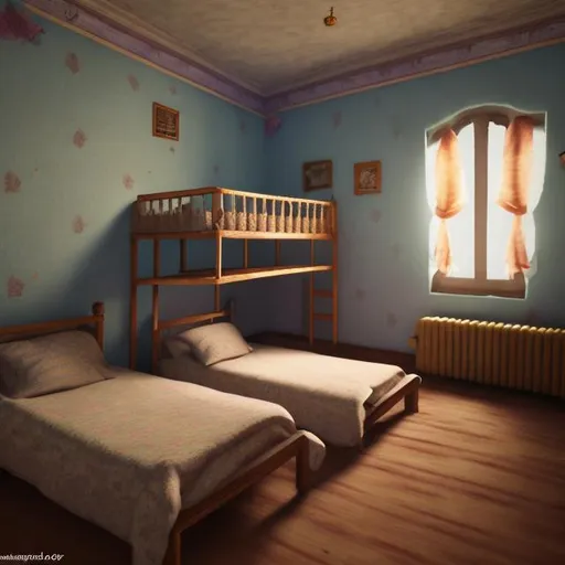 Prompt: orphanage bedroom with multiple comfy beds
