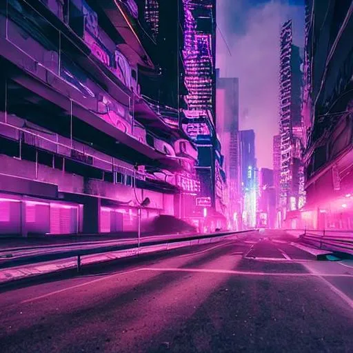 Prompt: Cyberpunk, a staight road whose end can't be seen, high building around the road whose roof can not be seen, night time, street lights, matte pink and purple, HD