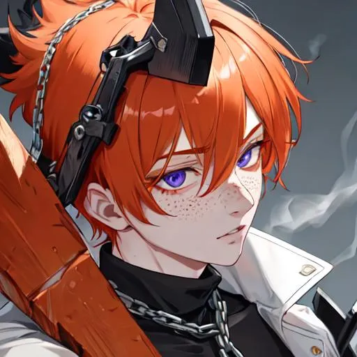 Prompt: Erikku male adult (short ginger hair, freckles, right eye blue left eye purple) UHD, 8K, Highly detailed, insane detail, best quality, high quality, holding a chain saw