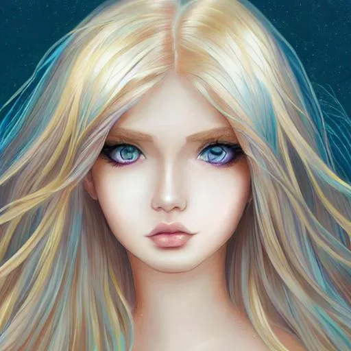 Prompt: A mermaid, smooth soft skin, anime eyes, beautiful intricate colored hair, symmetrical, soft lighting, detailed face, detailed body, by Studio Ghlibi, digital painting, extreme long shot, blond, blue eyes, rosy cheeks, very pale skin.