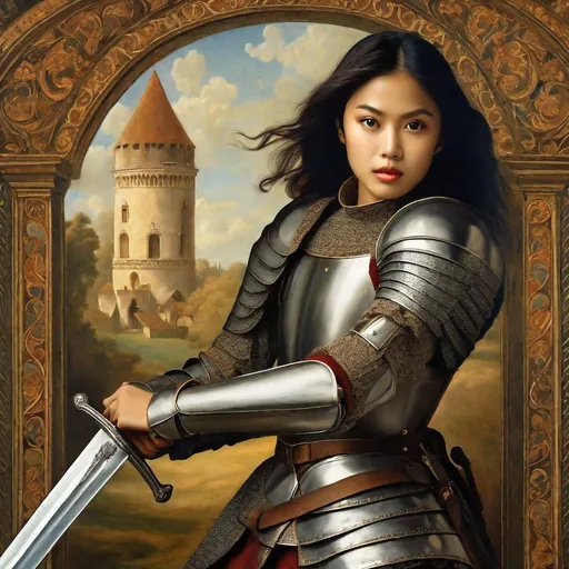 Prompt: half body, pretty young Indonesian woman, 25 year old, (round face, high cheekbones, almond-shaped brown eyes, small delicate nose), dressed as a knight, holding a sword, active pose, renaissance, masculine, character, pre-raphaelite, masterpiece, intricate detail, backdrop medieval battle