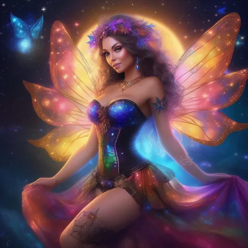 Prompt: A complete body form of a stunningly beautiful, hyper realistic, buxom woman with incredible bright, wearing a colorful, sparkling, dangling, glowing, skimpy, bo-ho, goth,  flowing, sheer, fairy, witch's outfit on a breathtaking night with stars and colors with glowing, detailed  fairy's flying about