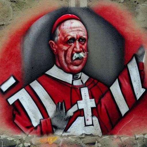 Prompt: hyper realistic hyper real vatican pope with hitler mustash and 666 drawn in red ink on forehead in red ink  in front of upside down american flag mark of beast on skin inside the vatican federal reserve wearing 666 all over with 666 on forehead damnit spraying graffiti on vatican banksy ascending out of hell with swastica