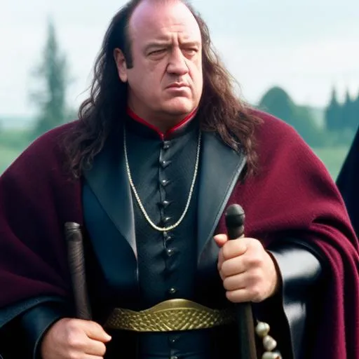Prompt: Paul Heyman, WWE superstar, as a 1980s dark fantasy lord of the rings character, medieval

