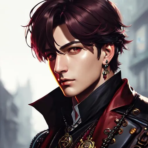 Prompt: Professional designer of a handsome steampunk Jungkook as potion market dealer, wearing black headphone, red and black casual outfit, potions on his belt, tables filled with test tubes of liquids, random tubes with multiple dark colors, by Jeremy Mann, Rutkowski, and other Artstation illustrators, intricate details, face, full body portrait, headshot, illustration, UHD, 4K, high resolution face, detailed face, high definition eyes, detailed eyes, long flowing dark brown hair, cityscape, black desert online, velia, 8k, hypermaximalist, elegant, ornate, hyper realistic, anime, dramatic, digital painting, artstation, smooth