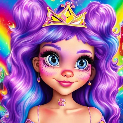 Prompt: Lisa frank style princess with purple hair and a sweet face