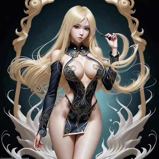 Prompt: Create Splashart, of a fantasy style ultra Intricate realistic detailed image of an Anime Kokumo Academy college girl,

focused on a full body, stunningly beautiful, exotic gorgeous, perfect young slender Asian anime body, blonde hair, intricately detailed makeup and skin, proportionate cleavage, wearing a college school uniform,

Professional Photo Realistic Image, RAW, artstation, splash style dark fractal paint, contour, hyper detailed, intricately detailed, unreal engine, fantastical, intricate detail, steam screen, complementary colors, fantasy concept art, 8k resolution, deviantart masterpiece, splash arts, ultra details Ultra realistic, hi res, UHD, 64k, 2D art rendering, depth of field 4.0, APSC, ISO 900,