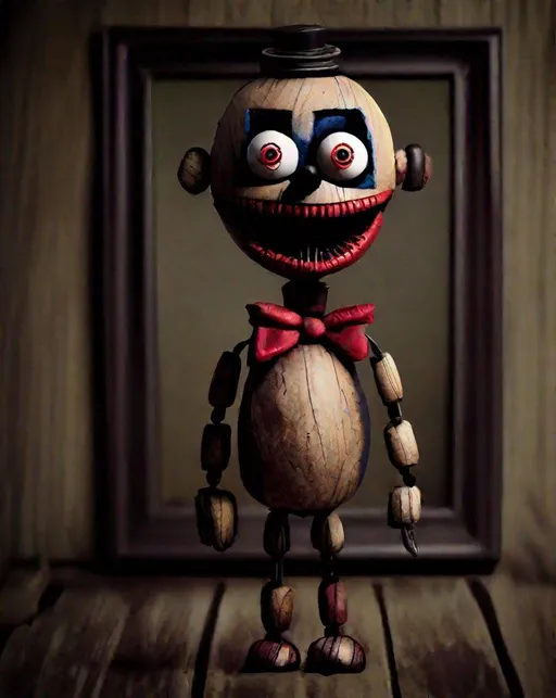 Prompt: 
Take a photo of The Puppet from five nights at Freddy's . The photo should be in the style of Tim Burton, with a dark and twisted aesthetic.