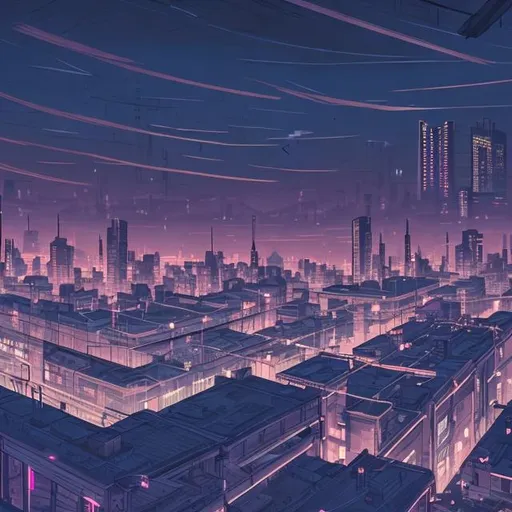 Prompt: on the roof of a building in the evening cyberpunk city
