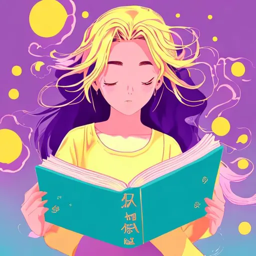 Prompt: anime illustration with a beautiful girl with hair colors pink, purple, and yellow reading a pink book