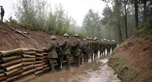 Prompt: A World War One Trench in color with World War One American soldiers in the World War One Trench in the rain and some World War One American Soldiers look over the trench with their rifles and some World War One American Soldiers dead and some World War One American soldiers hiding, The World War One Trench is made of wood and dirt, and World War One American soldiers jumping over the trench, in the middle battle. And german World War One soldiers running towards the trench