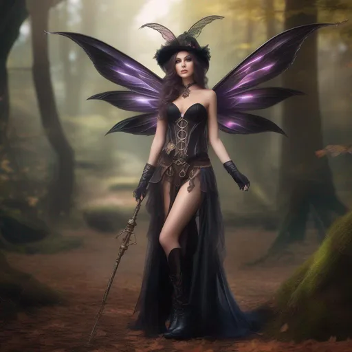 Prompt:  Shes a Steam Punk, gothic witch.  distinct Winged fairy, with a skimpy, ((colorful)), gossamer, flowing outfit, standing in a forest by a village. ((Wide angle)),  Detailed Illustration. 4k, 8k.  Full body in shot. Hyper realistic painting. Photo real. A ((beautiful)), ((shapely)) woman with ((hyper realistic hands)), and ((vivid)) colorful, ((bright)) eyes. A ((distinct))  Halloween night. ((Concept style)) art. ((Epic)). ((Cinematic))