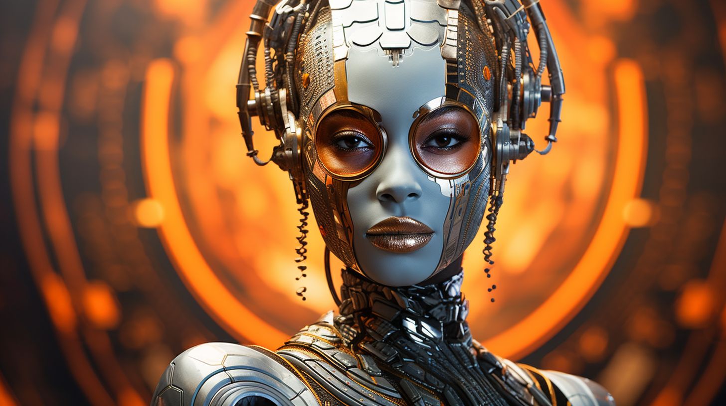 Prompt: a woman is wearing a futuristic costume, in the style of highly detailed realism, android jones, traditional african art, dark silver and light black, robotics kids, intense gaze, vibrant colorism