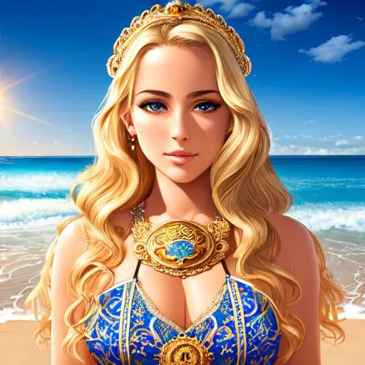 Prompt: masterpiece intricate hyperdetailed elaborate spanish young blonde woman, beach, sea, badge , legendary , historic, pretty, young, beautiful, charming, graceful, lovely, cute, attractive, elegant, stunning, radiant, sun, daylight, gloom, sun rays