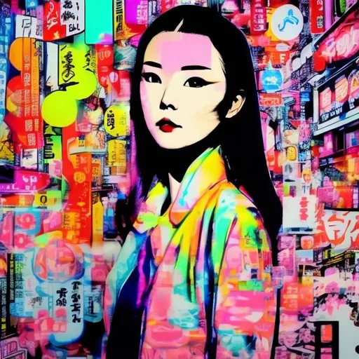 Prompt: a mysterious woman in japan, looking at the camera, realistic, futuristic, 4K, in the background the metaverse, neon, in the style of Andy warhol, vibrant pastels, very colorful