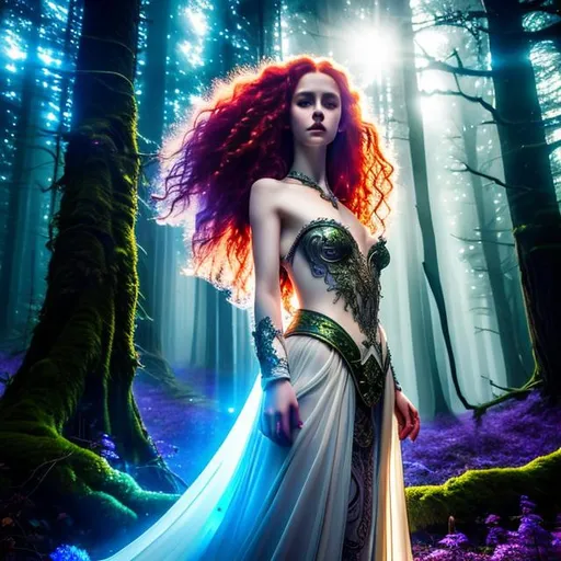 Prompt: Detailed fantasy 8k mystical light portrait of a moon witch with ivory clear skin, long curly redhead hair, deep purple eyes. Gorgeous hot body, she wears elegant aderent green dress, night light, forest, dramatic, charming pose, magical, fantasy,  high detailed, dramatic light