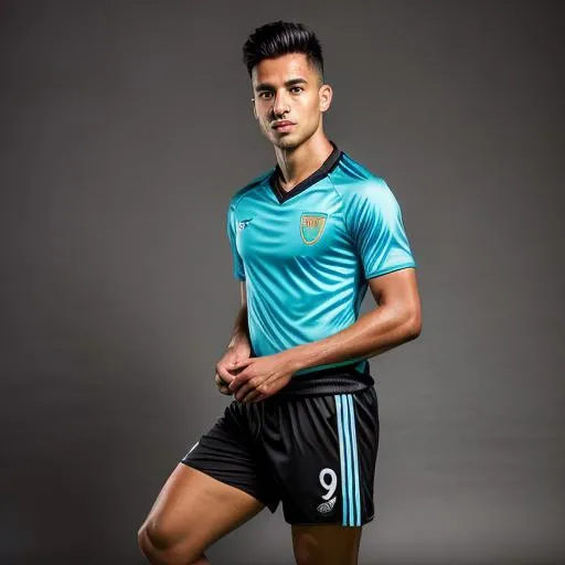 Prompt: 25 year old male soccer player posing wearing a turquoise shirt and black shorts. Turqoise sox. Black shoes. hyperrealistic.