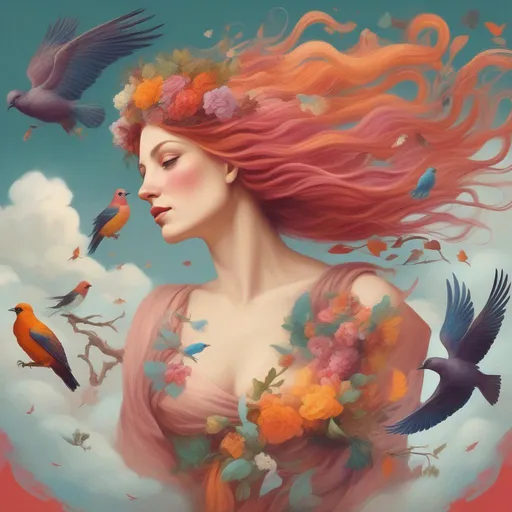 Prompt: A colourful and beautiful Persephone, with her hair being made out of clouds, with birds in flight around her in a painted style