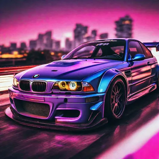 Prompt: 2001 BMW M3 E46 GTR, synthwave, aesthetic cyberpunk, miami, highway, dusk, neon lights, coastal highway, dusk, neon lights, coastal highway, sunset, drift, nurburgring, water on the road, blade runner, 64k, watercolor, macro sharp focus, 8, hyper realistic, cinematic, highly detailed, photoraelistic, clean, formula drift, burnout, simetric