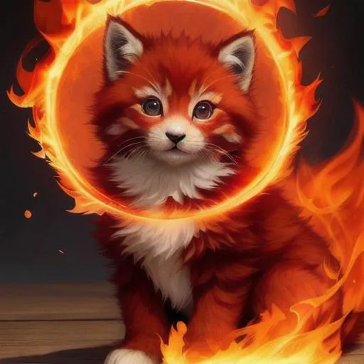 Prompt: Cute, red, fluffy, fire kitten, possessing the element of fire and making circles of fire
 move around in the air in a magical way. Perfect features, extremely detailed, realistic. Krenz Cushart + loish +gaston bussiere +craig mullins, j. c. leyendecker +Artgerm.