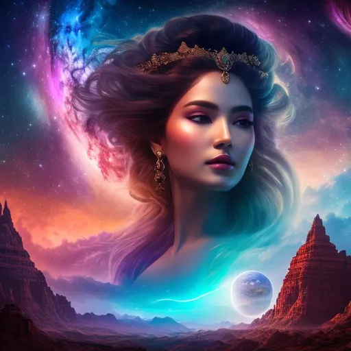 Prompt: create photograph of most beautiful fictional female goddess who is from future , extremely, wide angle, detailed environment, detailed background, planets an nebulae in sky highly detailed, intricate, detailed skin, natural colors , professionally color graded, photorealism, 8k, moody lighting

