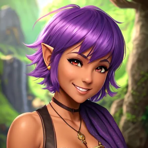 Prompt: oil painting, D&D fantasy, tanned-skinned-gnome girl, tanned-skinned-female, short slender, beautiful, short bright purple hair, long pixie cut hair, smiling, pointed ears, looking at the viewer, Wizard wearing intricate adventurer outfit, #3238, UHD, hd , 8k eyes, detailed face, big anime dreamy eyes, 8k eyes, intricate details, insanely detailed, masterpiece, cinematic lighting, 8k, complementary colors, golden ratio, octane render, volumetric lighting, unreal 5, artwork, concept art, cover, top model, light on hair colorful glamourous hyperdetailed medieval city background, intricate hyperdetailed breathtaking colorful glamorous scenic view landscape, ultra-fine details, hyper-focused, deep colors, dramatic lighting, ambient lighting god rays, flowers, garden | by sakimi chan, artgerm, wlop, pixiv, tumblr, instagram, deviantart