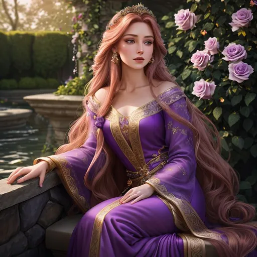 Prompt: Rapunzel-a realistic feminine elegant ethereal princess with intricately decorated purple flowing robe,  very long auburn balayage  hair, seated on a rock bench in a beautiful rose garden, highly detailed , HD quality, dramatic light, octane, facial closeup