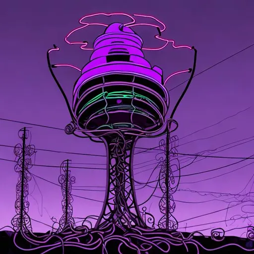 Prompt: lovecraftian style purple neon radio tower