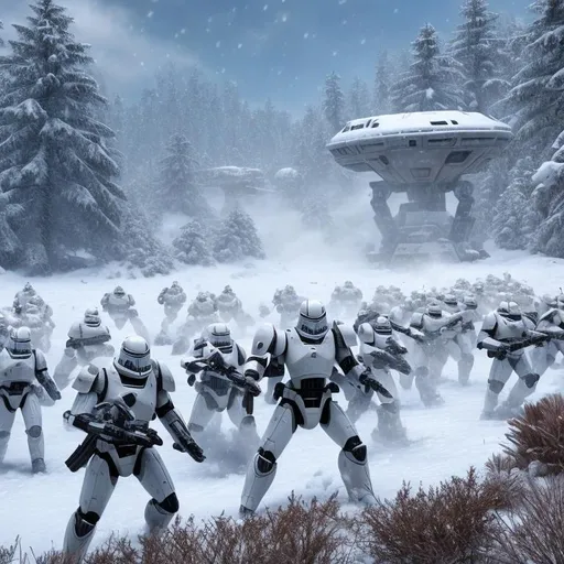 Prompt: a super realistic depiction of a large human clone army wearing white armor scattered across the terrain fighting a larger droid army in a snowy area