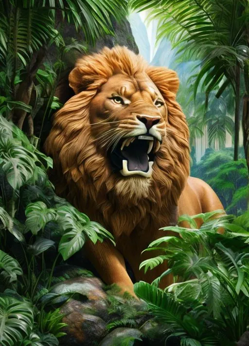Prompt: close up portrait of an anatomically correct lion roaring , background a huge rock within a jungle setting with plants, trees and vibrant flowers ,best quality, precise color distribution masterpiece, highly detailed, ultra-detailed unreal engine 5, octane render digital painting, artstation, concept art, smooth, sharp focus, Highly Detailed,  naturalism, land Art, regionalism, shutterstock contest winner, trending on unsplash, trending on artstation,zbrush central,subtractive lighting,ambient occlusion,black ink flow,3d shadows,contrasting shadow and highlights,perfect render,crisp photo,5 mm,hyper realistic texture and photorealistic render,clean render,no anomalies