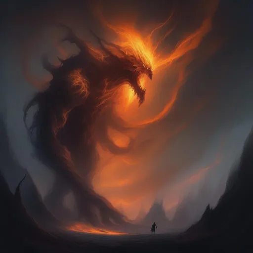 Prompt: a gigantic chaos calamity monster made from wisps of darkness and you could see the orange energy under. It stands tall and slender high above the earth, its power greatest of its kind. A god of chaos