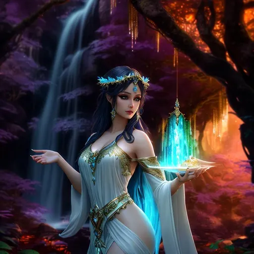 Prompt: close-up, Beautiful 3D HD dramatic cinematic lighting [({one}{Beautiful!!! Goddess}Sorceress) wearing  {(liquid)Ivory}silk]::2, expansive magical waterfall forest tree sparkles background, hyper realistic, 8K --s98500