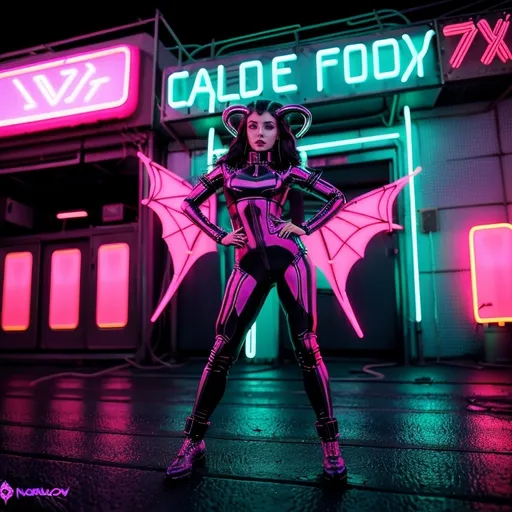 Prompt: a beautiful female demon in a dynamic pose in a retro futuristic synthwave cyberpunk neon paradise.  neon lighting, high quality, beautiful, synthwave, cyber, retro, futuristic