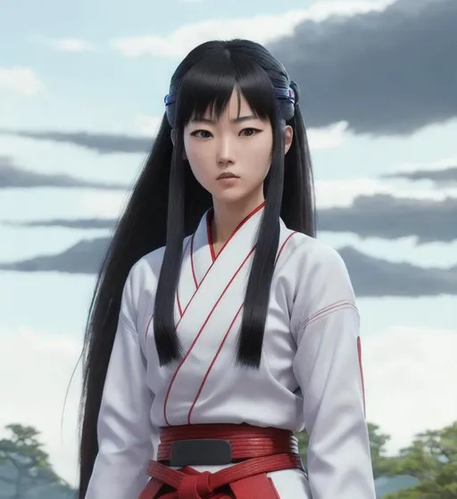 Prompt: 64K UHD HDR Hyper-Realistic Detailed View of Kendo Girl Motoko Aoyama Standing. Straight Black Hair. Periwinkle Training Gi. Red Obi Belt & Training Hakama. Octane Render by WETA Digital. Vivid Oil Painting by Ken Akamatsu