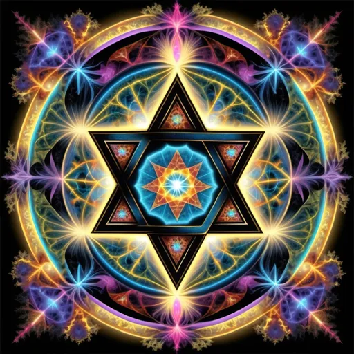 Prompt: G0d's fractal ten commandments in Hebrew letters inside a fractal colorful Magen David supported by the forest of the  fractal tree of life emanated from a fractal quantom black body radiation as during the creation of the World