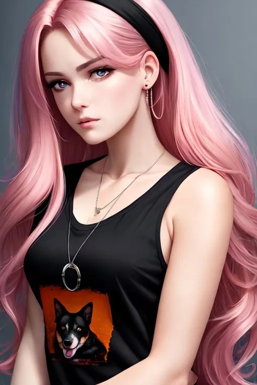 Prompt: oil painting, UHD,  8k, Very detailed, panned out view, whole character, beautiful Young adult, visible face, pink Long Hair which is buzzed of at the right Side, angry expression, lips straight, raised left eyebrow, long loose black low neckline t-shirt, shirt tucked in shorts, pearl earings, dog tags, orange eyes