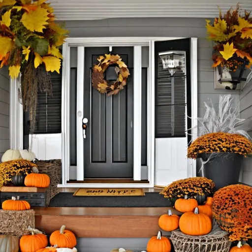 Prompt: Create a black and white fall themed porch 