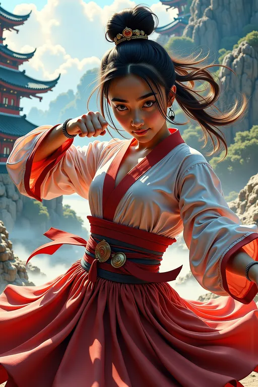 Prompt: (photorealistic) Detailed photo of a beautiful girl, striking a battle-ready wuxia pose, (vibrant colors), low angle perspective, (impressionist style), dynamic composition, dramatic lighting, soft brush strokes, capturing movement and emotion, (4K), masterpiece resembling works by Claude Monet and Pierre-Auguste Renoir, imaginative and surreal background elements to enhance the futuristic-sci-fi theme.