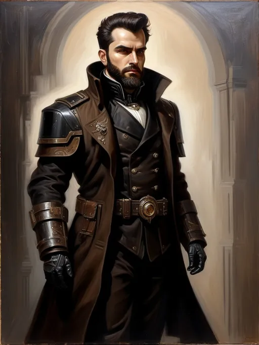 Prompt: full-body oil painting of male warhammer 40k sanctioned psyker, brown eyes, short dark brown crew cut, dark brown styled full beard, forehead worry lines, dark tones, (wh40k), dark black gunmetal technical augmented armor gear color, fierce dour expression, confident epic standing pose, highly detailed facial features, highly detailed eyes, painted, painting, illustration, art, drawing, sketch, (sanctioned psyker), utility pouches attached to belt, (black) overcoat trench coat with technical gauntlets and epaulets, technical psyker breastplate, high gothic fantasy, imperium of man, 19th century impressionism brushwork, under-lit up-lit face, ((visible piercing eyes)), black gloves, 19th century impressionist brushwork, painterly, 