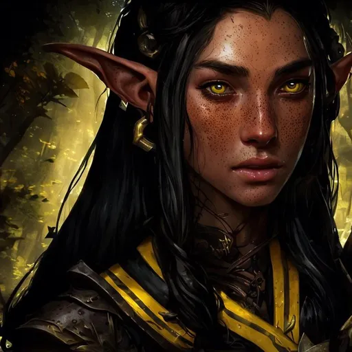 Prompt: a portrait of a female forest elven ranger, with tan skin, with long hair, she has freckles, dark ambient, d&d fantasy, ambient light, highly detailed, black and yellow scheme, art by artgem and greg rutkowski