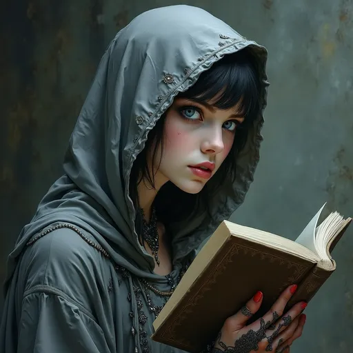 Prompt: side view, a young woman in her early 20's with thin close fitting gray hood, blue eyes with (((head turned toward viewer))), reading a book, holding grimoire close to face, peeking over the top of book, grimoire, ((((occult art)))), lost grimoire, gothic fantasy art, gothic art, holy cyborg necromancer girl, beautiful necromancer girl with fanatical expression, gothic art style, priestess of the damned, dark fantasy horror art